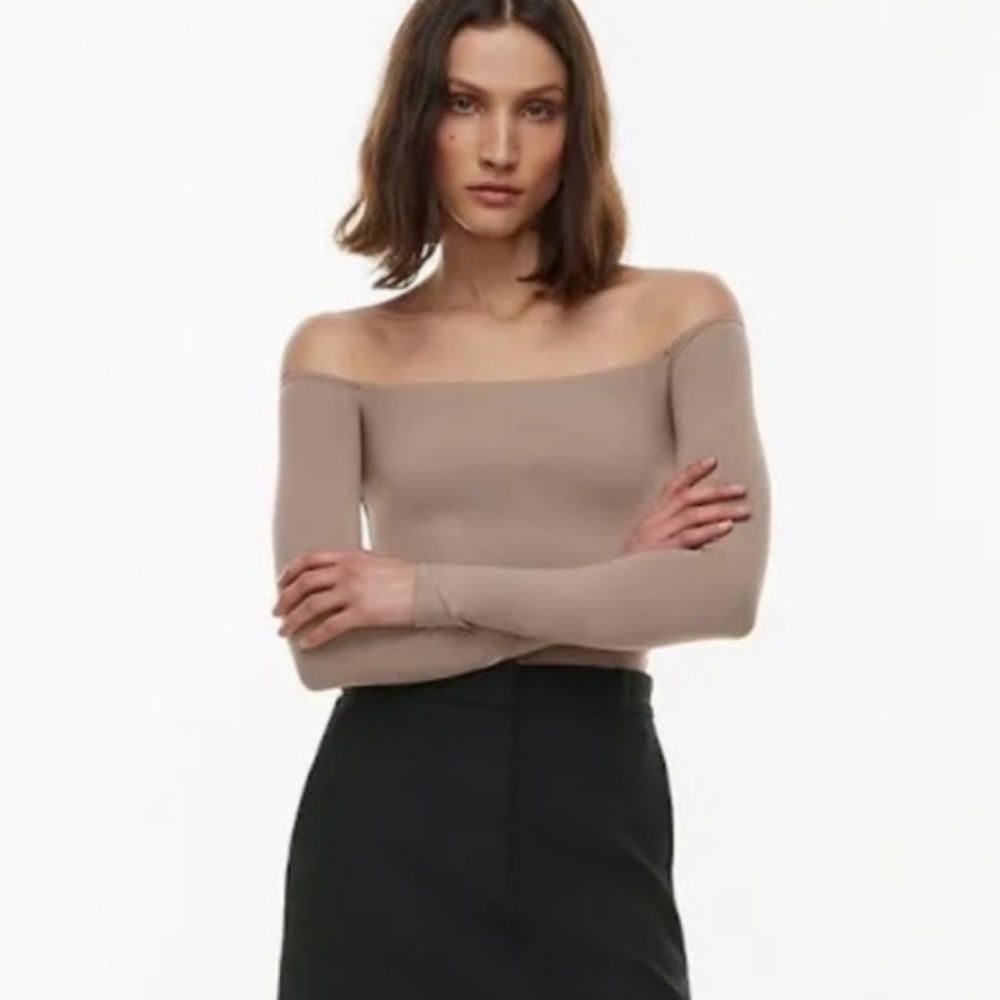 Aritzia Babaton Of The shoulder Taupe Stretchy Large Bodysuit